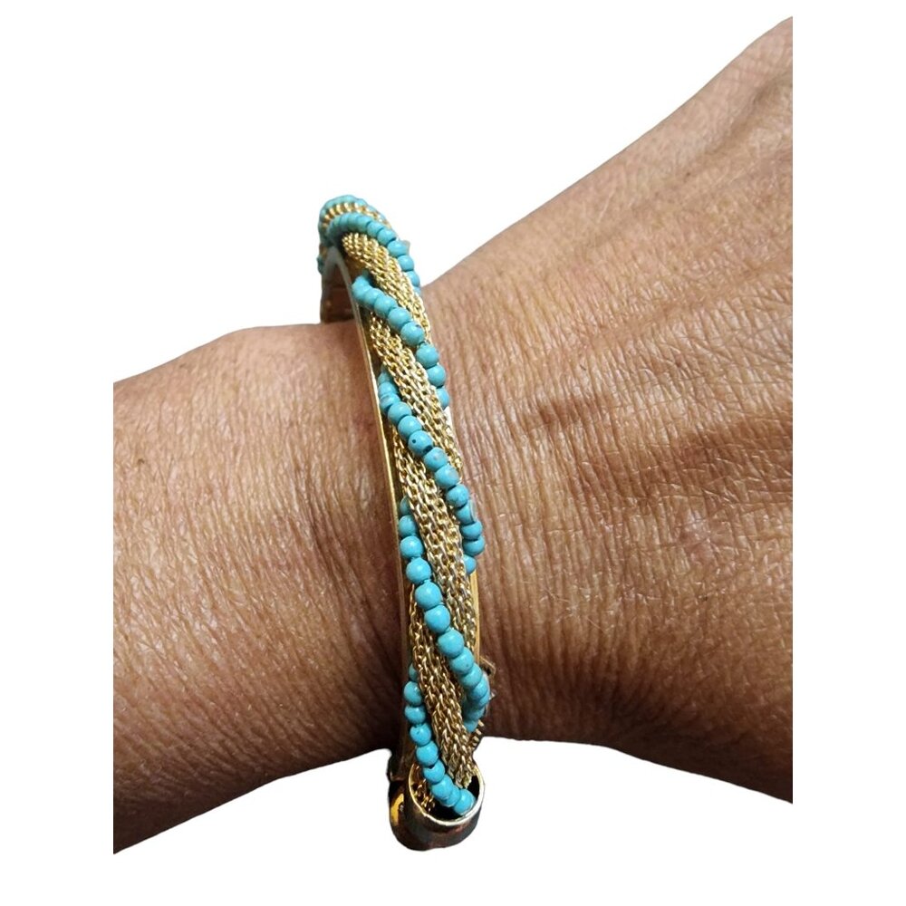 Vintage Unsigned Mesh And Beaded Wrapped Bangle Bracelet (A4763)